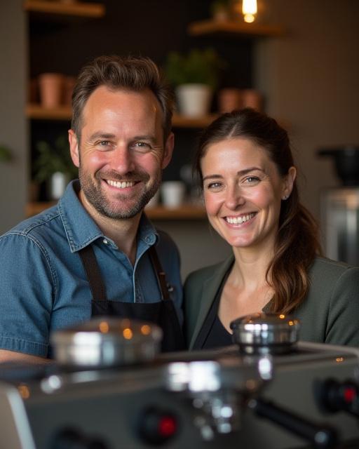 Die Gründer des Korallenanker lächeln hinter der Kaffeemaschine.