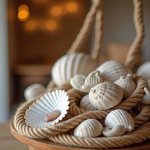 Detailansicht der maritimen Dekoration mit Seilen und Muscheln.